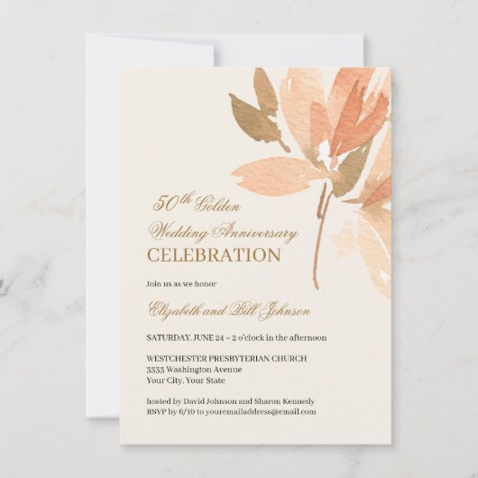 Invitation Floral Peach Cream Gold 50th Mariage Anniversary (Devant)