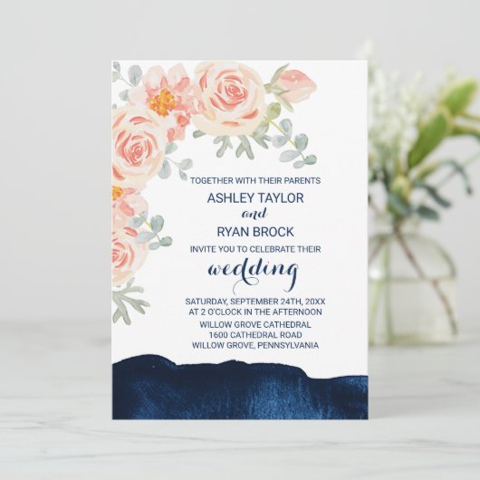 Invitation Floral Peach Pink et Navy Mariage aquarelle (Debout devant)