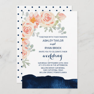 Invitation Floral Peach Pink et Navy Mariage aquarelle