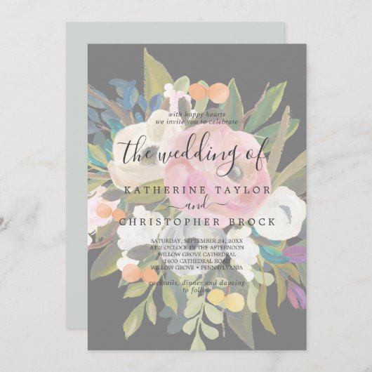 Invitation Floral peint | Faded Dark Grey Le Mariage de (Devant / Derrière)