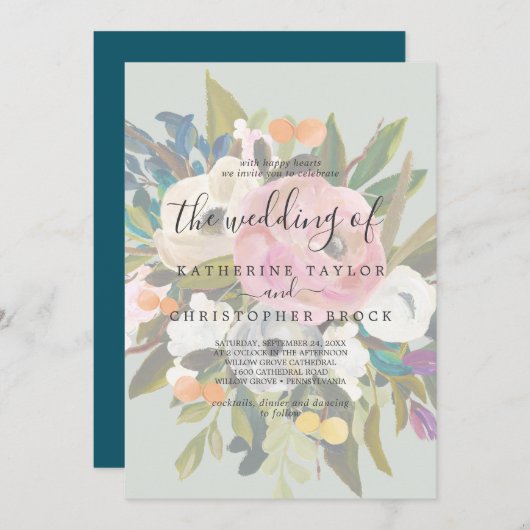 Invitation Floral peint | Le Mariage De (Devant / Derrière)