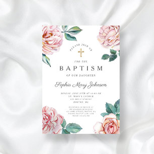 Invitation Floral Peonies Gold Cross Religieux Baptême
