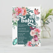 Invitation Floral Peony Butterfly Baby Girl Douche (Debout devant)
