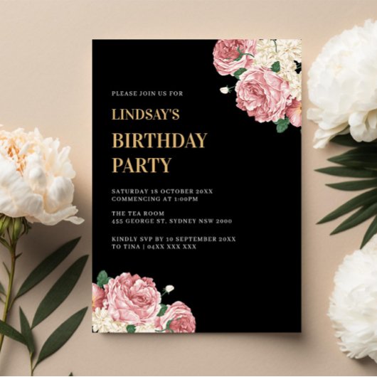 Invitation Floral Peony et Roses à la fête d'anniversaire Noi