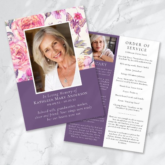 Invitation Floral Peony Photo Memorial Service Program