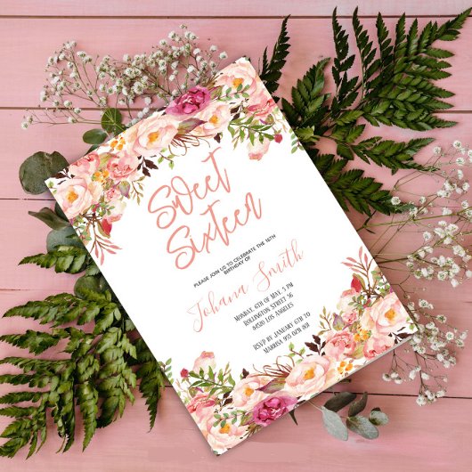 Invitation Floral Peony rose Blush Seize Anniversaire