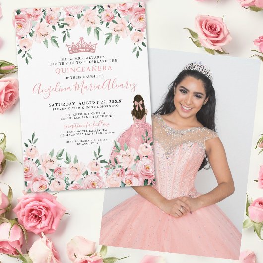 Invitation Floral Photo Blush Pink Quinceanera
