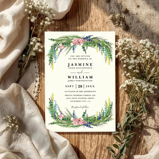Invitation Floral Pine Rustic Country Elegant QR Code Wedding