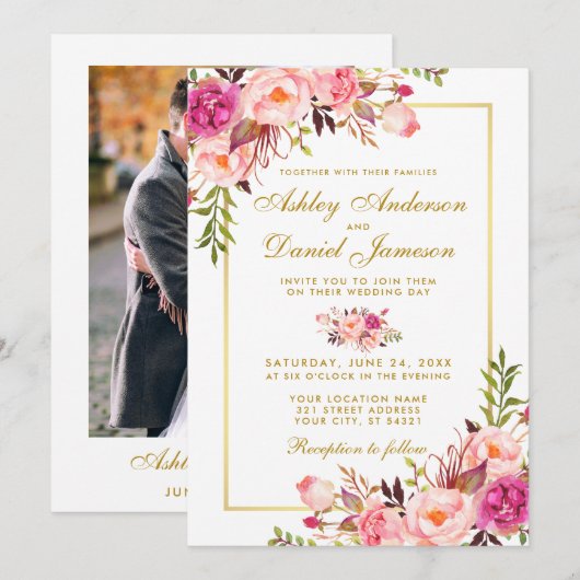Invitation Floral Pink Blush Gold Photo Mariage (Devant / Derrière)