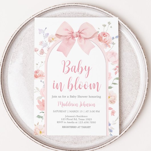 Invitation Floral Pink Bow Baby dans le Baby shower de fleurs