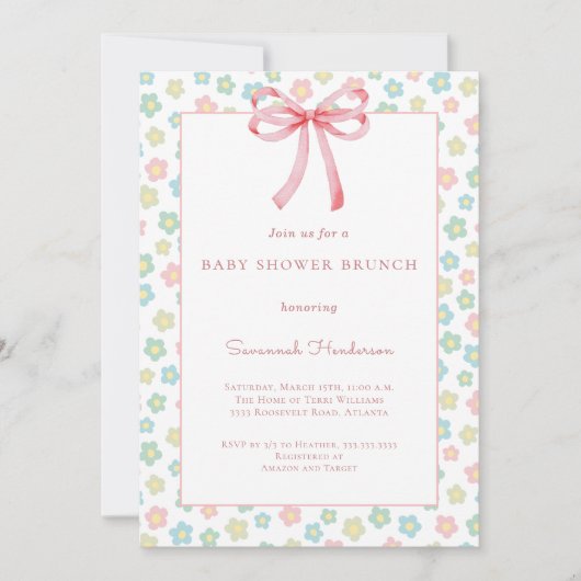Invitation Floral Pink Bow Ribbon Baby Shower Brunch  (Devant)