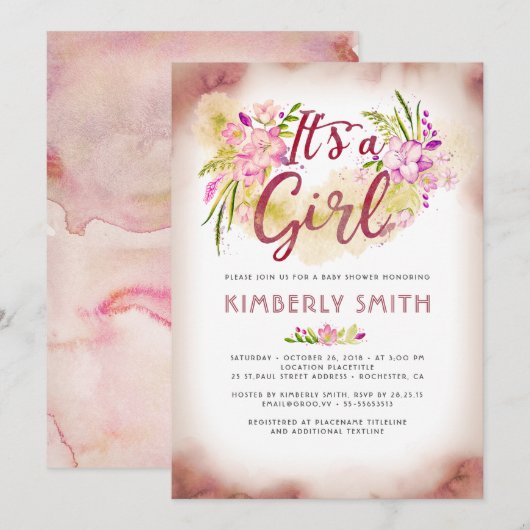 Invitation Floral Pink - C'est un Baby shower féminin (Devant / Derrière)