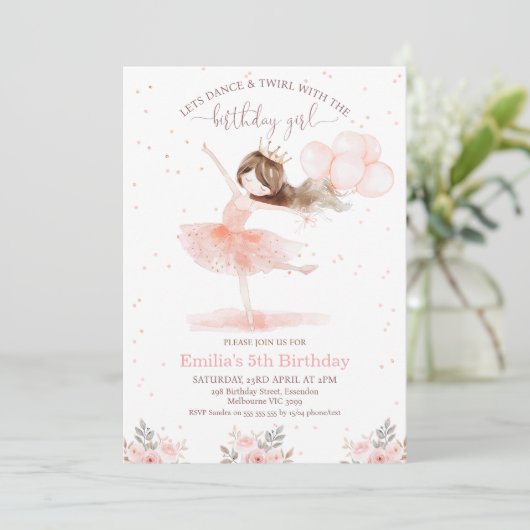 Invitation Floral Pink Dance Twirl Anniversaire Fille Anniver (Debout devant)