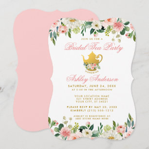 Invitation Floral Pink Gold Fête des mariées Tea Party Invita