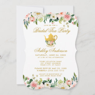 Invitation Floral Pink Gold Fête des mariées Tea Party Invita