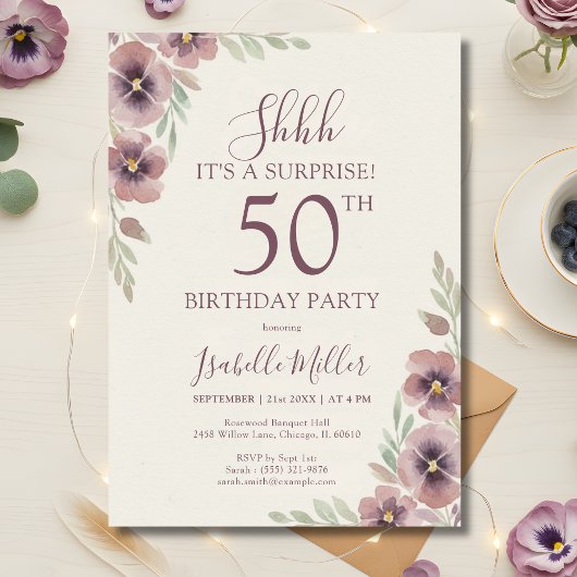 Invitation Floral Pink Mauve Surprise 50th Birthday