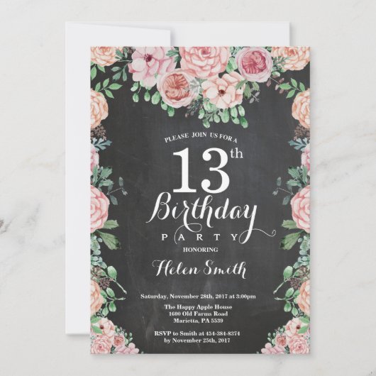 Invitation Floral Pink Peonies 13e tableau de bord d'annivers (Devant)