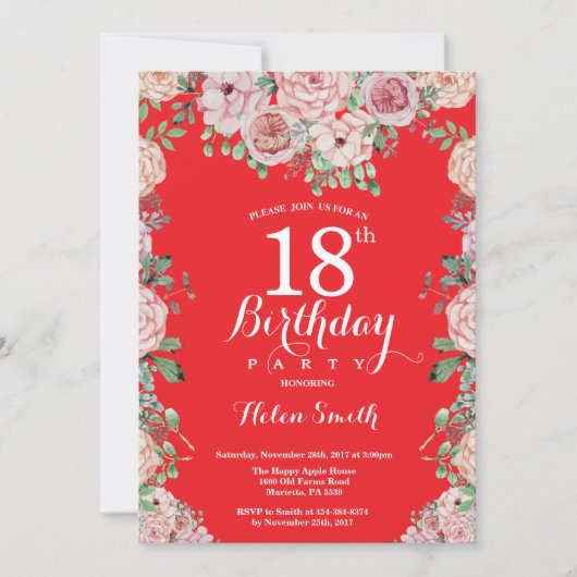 Invitation Floral Pink Peonies 18e Anniversaire Red Invitatio (Devant)