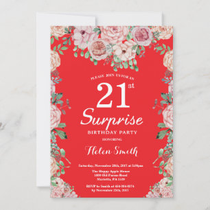 Invitation Floral Pink Peonies 21e Anniversaire Surprise Roug