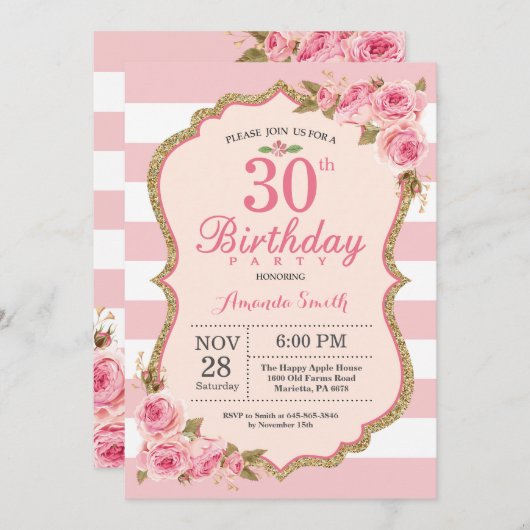 Invitation Floral Pink Peonies 30e anniversaire de fête Invit (Devant / Derrière)