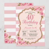 Invitation Floral Pink Peonies 40e anniversaire de fête Invit (Devant / Derrière)