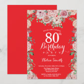 Invitation Floral Pink Peonies 80e Anniversaire Rouge (Devant / Derrière)