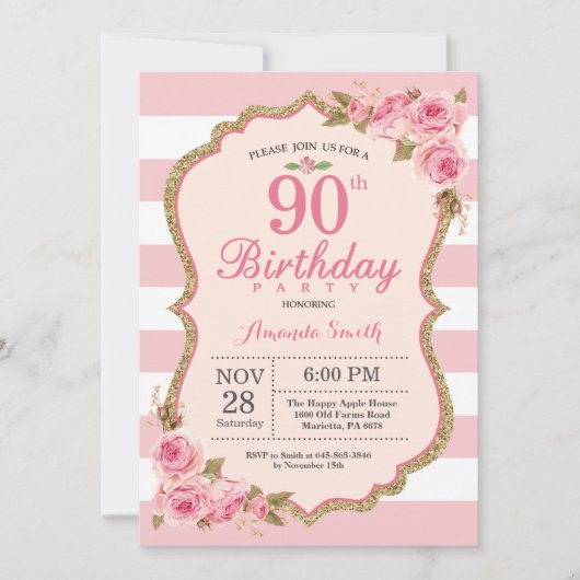 Invitation Floral Pink Peonies 90e anniversaire de fête Invit (Devant)