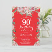 Invitation Floral Pink Peonies 90e Anniversaire Red Invitatio (Debout devant)