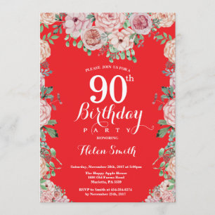 Invitation Floral Pink Peonies 90e Anniversaire Red Invitatio