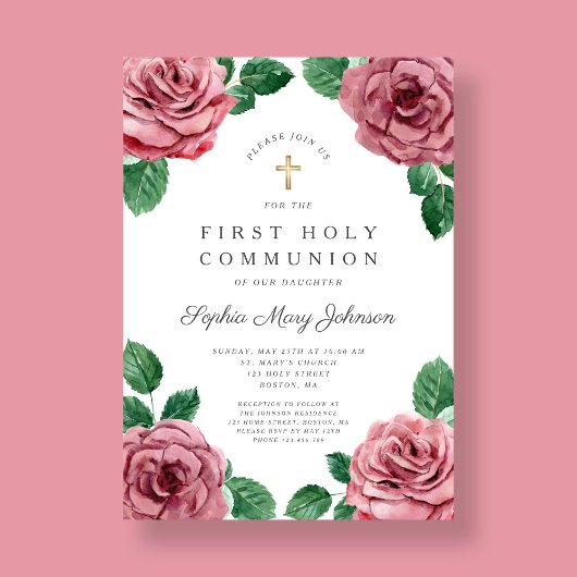Invitation Floral Pink Peonies Fille Religieux Première Commu
