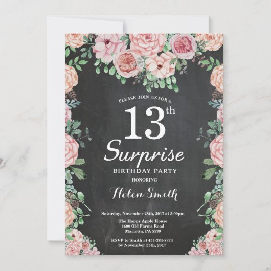 Invitation Floral Pink Peonies Surprise 13e anniversaire (Devant)