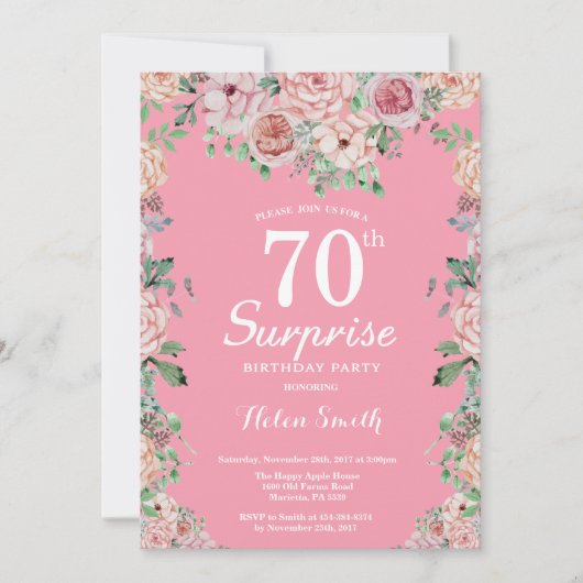 Invitation Floral Pink Peonies Surprise 70e anniversaire (Devant)