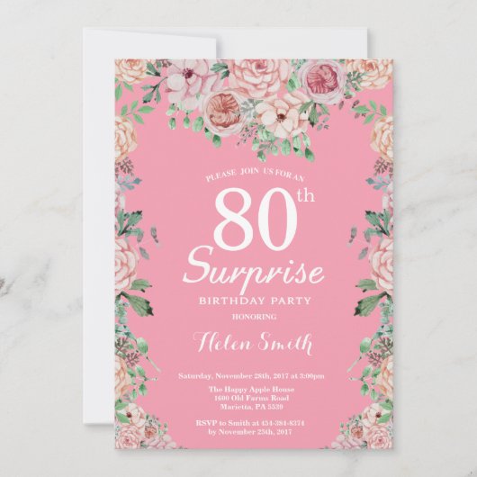 Invitation Floral Pink Peonies Surprise 80e anniversaire (Devant)