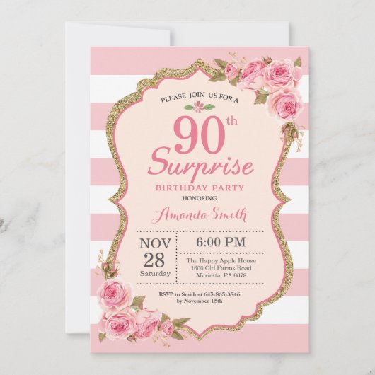 Invitation Floral Pink Peonies Surprise 90e anniversaire (Devant)