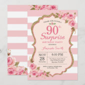 Invitation Floral Pink Peonies Surprise 90e anniversaire (Devant / Derrière)