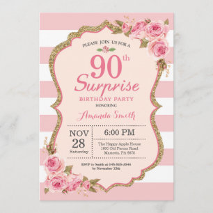 Invitation Floral Pink Peonies Surprise 90e anniversaire