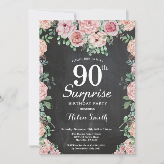 Invitation Floral Pink Peonies Surprise 90e anniversaire (Devant)
