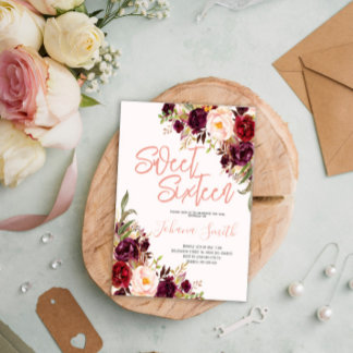 Invitation Floral Pink Peony Bourgogne Seizième anniversaire