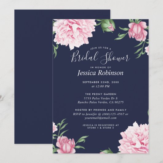 Invitation Floral Pink Peony Marine Arrière - plan Fête des m (Devant / Derrière)