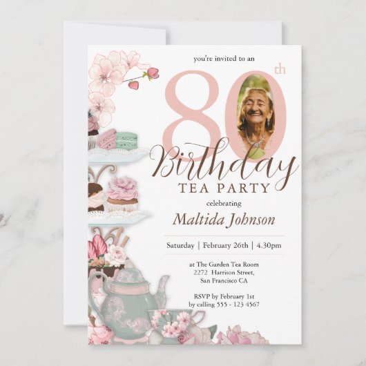 Invitation Floral Pink Photo Tea Party 80e anniversaire (Devant)
