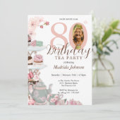 Invitation Floral Pink Photo Tea Party 80e anniversaire (Debout devant)
