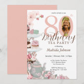 Invitation Floral Pink Photo Tea Party 80e anniversaire (Devant / Derrière)