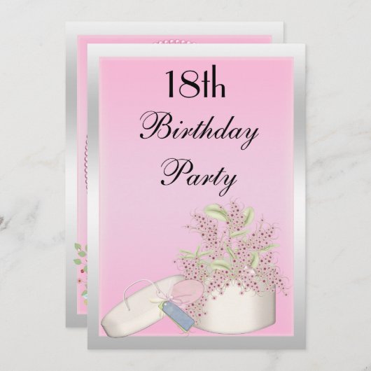 Invitation Floral Pink & Silver 18e anniversaire (Devant / Derrière)