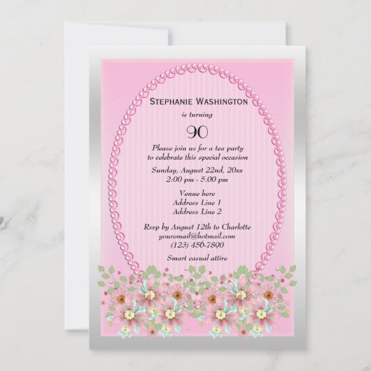 Invitation Floral Pink & Silver 90e anniversaire (Dos)