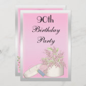 Invitation Floral Pink & Silver 90e anniversaire (Devant / Derrière)