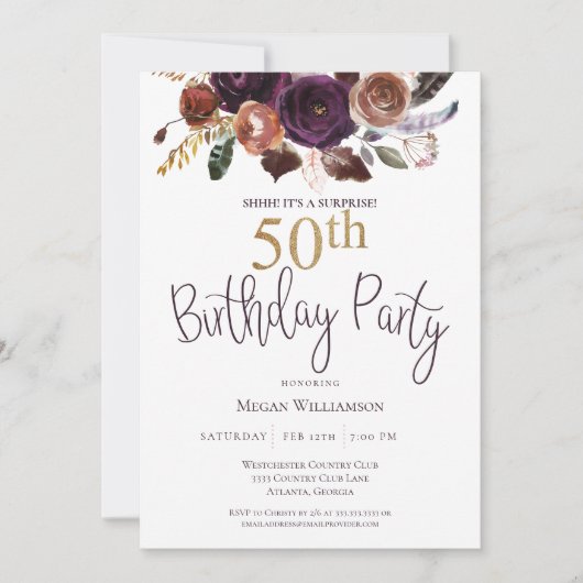 Invitation Floral Plum Gold Surprise 50e anniversaire fête (Devant)