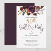 Invitation Floral Plum Gold Surprise 50e anniversaire fête (Devant / Derrière)