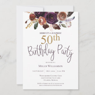 Invitation Floral Plum Gold Surprise 50e anniversaire fête