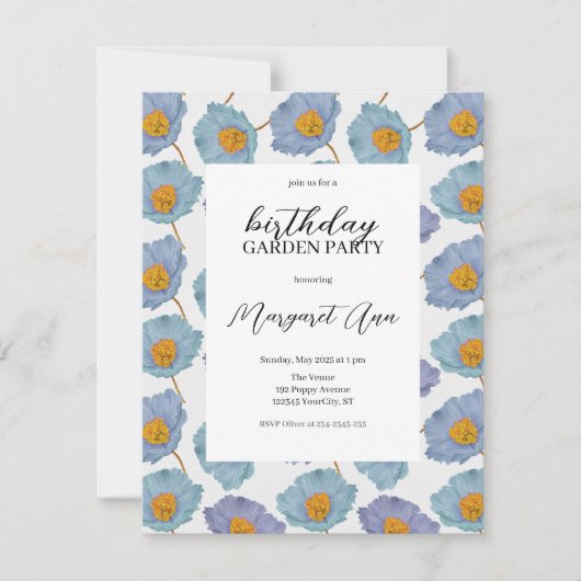 Invitation Floral Poppy bleu moderne Anniversaire Jardin (Devant)