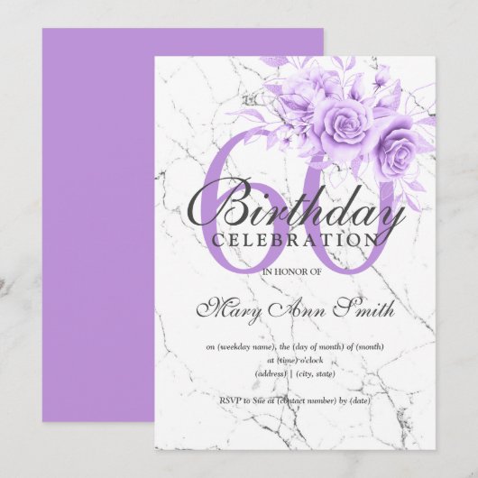 Invitation Floral pourpre 60e Anniversaire Marbre de fête  (Devant / Derrière)